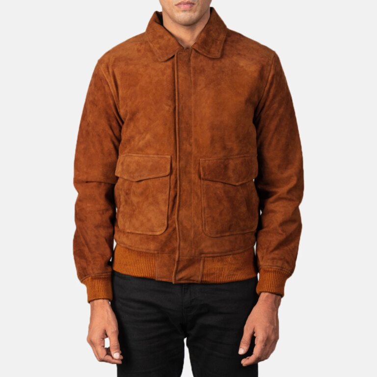 Mens Coffmen Brown Suede A2 Bomber Jacket Close Front-5-1720092092548